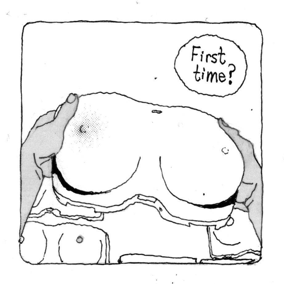 a black and white comic panel featuring hands holding an android breast plate
